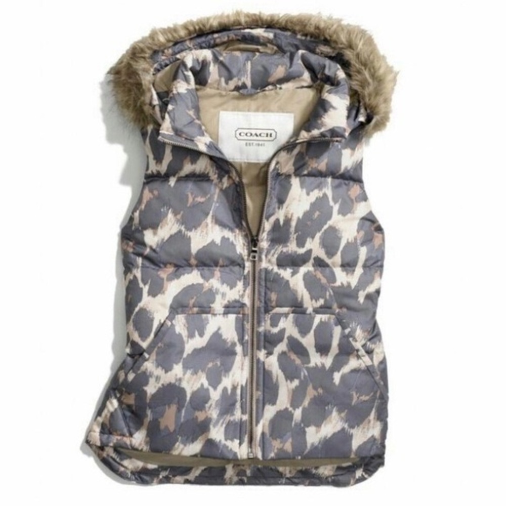COACH Signature NWT Leopard Puffer Vest Faux Fur Removable Hood Women Sz Large